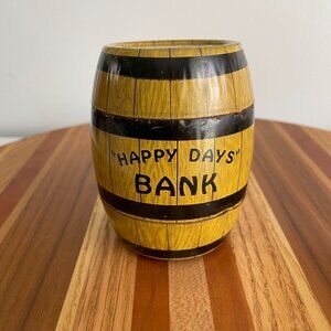 Vintage Wood Look Barrel Tin Litho J. Chein Co USA Happy Days Coin Bank No Key